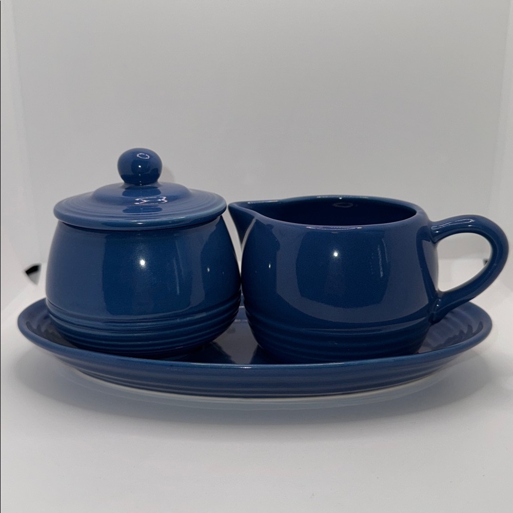 Cantinaware SET Creamer Sugar Bowl & Tray Blue Ceramic